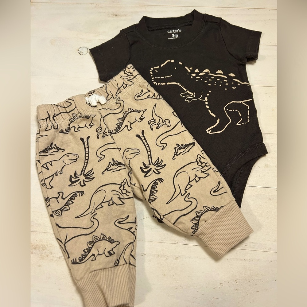 Carters boys 3 month dinosaur matching outfit set.says Mighty Cute on the back